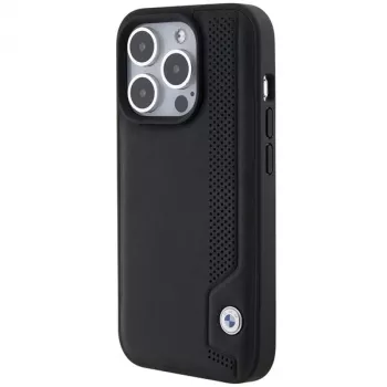 Husă rigidă BMW BMHCP15X22RBDK Leather Blue Dots pentru iPhone 15 Pro Max 6,7 inch neagră