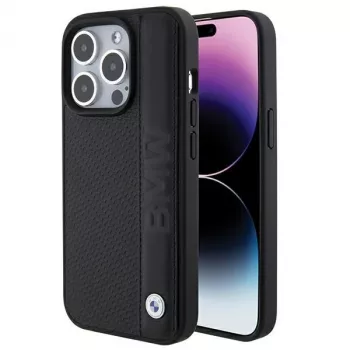 Husă rigidă BMW BMHCP15L22RDPK pentru iPhone 15 Pro 6,1 inch, textură de piele și dungi, neagră