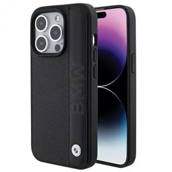 Husă rigidă BMW M Collection pentru iPhone 15 Pro Max 6,7 inch, textură de piele și dungi, neagră