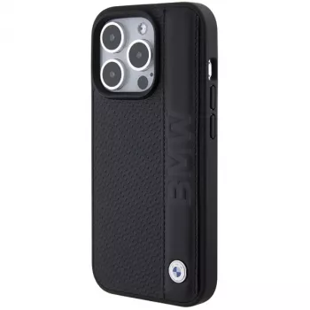 Husă rigidă BMW M Collection pentru iPhone 15 Pro Max 6,7 inch, textură de piele și dungi, neagră