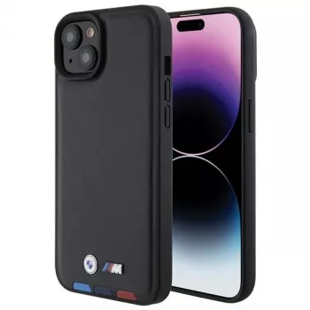 Husă spate BMW M Collection Leather Stamp pentru iPhone 15 Plus / 14 Plus 6,7 inch, neagră tricolor