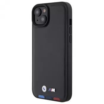 Husă spate BMW M Collection Leather Stamp pentru iPhone 15 Plus / 14 Plus 6,7 inch, neagră tricolor
