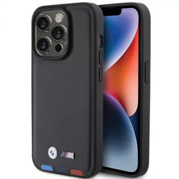 Husă BMW Leather Stamp Tricolor pentru iPhone 15 Pro 6,1 inch, neagră