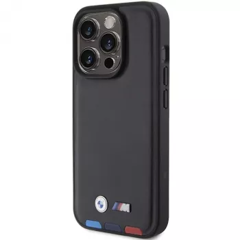 Husă BMW Leather Stamp Tricolor pentru iPhone 15 Pro 6,1 inch, neagră
