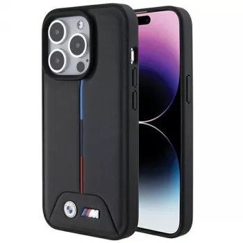 Husă rigidă BMW BMHCP15L22PVTK pentru iPhone 15 Pro 6,1 inch, matlasată tricolor, neagră