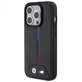 Husă rigidă BMW BMHCP15L22PVTK pentru iPhone 15 Pro 6,1 inch, matlasată tricolor, neagră