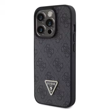 GUESS PU 4G Strass Triangle Metal Case + Strap for iPhone 15 Pro Black