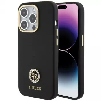 Husă rigidă din silicon Guess GUHCP15XM4DGPK Logo Strass 4G pentru Apple iPhone 15 Pro Max 6,7 inch, neagră