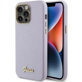 Husă rigidă Guess GUHCP15LPGMCSL Glitter Glossy Script pentru iPhone 15 Pro 6,1 inch, liliachiu