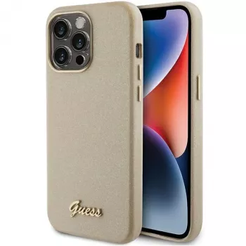 Guess GUHCP15XPGMCSD Glitter Glossy Script Hard Case for Apple iPhone 15 Pro Max 6.7 inch Light Gold