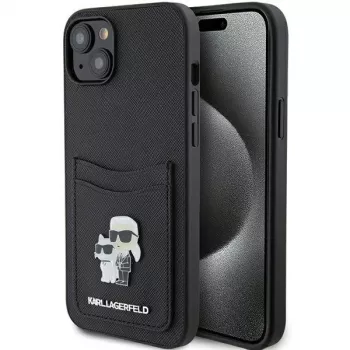 Husă rigidă Karl Lagerfeld KLHCP15SSAPKCNPK pentru iPhone 15 / 14 / 13 6,1, neagră, Saffiano, cu slot pentru carduri, Karl & Choupette, pin metalic