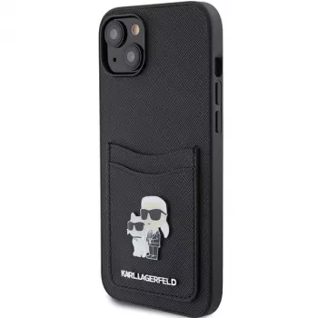 Husă rigidă Karl Lagerfeld KLHCP15SSAPKCNPK pentru iPhone 15 / 14 / 13 6,1, neagră, Saffiano, cu slot pentru carduri, Karl & Choupette, pin metalic
