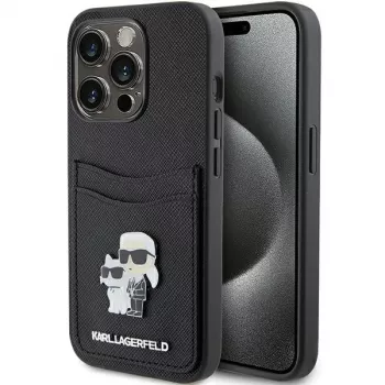 Husă rigidă Karl Lagerfeld KLHCP15LSAPKCNPK pentru iPhone 15 Pro 6,1, neagră, Saffiano, cu slot pentru carduri, Karl & Choupette, pin metalic