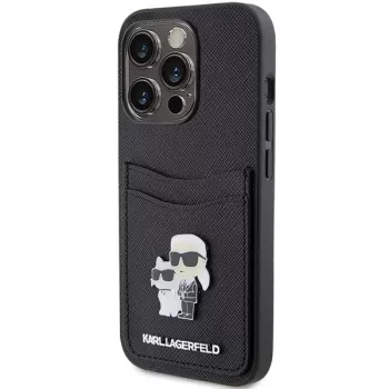 Husă rigidă Karl Lagerfeld KLHCP15LSAPKCNPK pentru iPhone 15 Pro 6,1, neagră, Saffiano, cu slot pentru carduri, Karl & Choupette, pin metalic