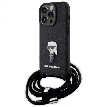 Husă rigidă Karl Lagerfeld KLHCP15LSASKNPSK pentru iPhone 15 Pro 6,1, neagră, Crossbody Saffiano Monogram, pin metalic Karl & Choupette