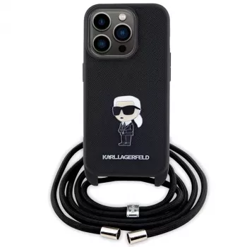 Husă rigidă Karl Lagerfeld KLHCP15LSASKNPSK pentru iPhone 15 Pro 6,1, neagră, Crossbody Saffiano Monogram, pin metalic Karl & Choupette