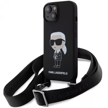 Husă rigidă Karl Lagerfeld KLHCP15SSCBSKNK pentru iPhone 15 / 14 / 13 6.1, neagră, Crossbody din silicon Ikonik