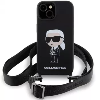 Husă rigidă Karl Lagerfeld KLHCP15SSCBSKNK pentru iPhone 15 / 14 / 13 6.1, neagră, Crossbody din silicon Ikonik