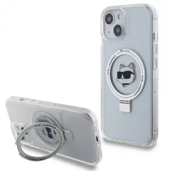 Husă rigidă Karl Lagerfeld KLHMP15SHMRSCHH pentru iPhone 15 / 14 / 13 6,1 inch, albă, cu suport inelar Choupette Head, MagSafe