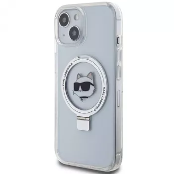Husă rigidă Karl Lagerfeld KLHMP15SHMRSCHH pentru iPhone 15 / 14 / 13 6,1 inch, albă, cu suport inelar Choupette Head, MagSafe