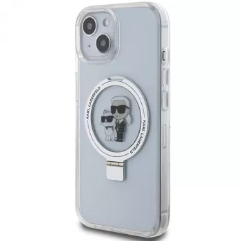 Husă rigidă cu inel Karl Lagerfeld KLHMP15SHMRSKCH pentru iPhone 15/14/13 6,1 inch, albă, Karl & Choupette, MagSafe