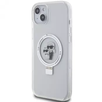 Husă rigidă cu suport inelar Karl Lagerfeld KLHMP15MHMRSKCH pentru iPhone 15 Plus / 14 Plus 6,7 inch, albă, Karl & Choupette, MagSafe