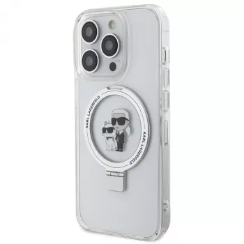 Husă rigidă cu suport inelar MagSafe Karl Lagerfeld KLHMP15LHMRSKCH pentru iPhone 15 Pro 6,1 inch, albă