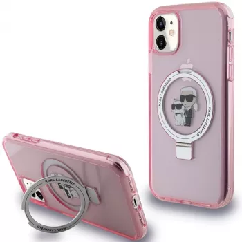 Husă rigidă Karl Lagerfeld KLHMN61HMRSKCP pentru iPhone 11 / XR 6.1, roz, cu suport inelar Karl & Choupette, MagSafe