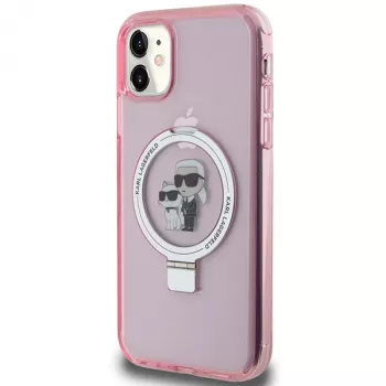 Husă rigidă Karl Lagerfeld KLHMN61HMRSKCP pentru iPhone 11 / XR 6.1, roz, cu suport inelar Karl & Choupette, MagSafe