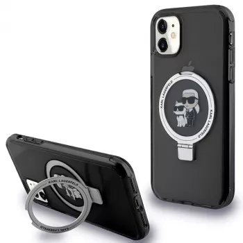 Husă rigidă Karl Lagerfeld KLHMN61HMRSKCK cu suport inelar pentru iPhone 11 / Xr 6.1, neagră, MagSafe Karl & Choupette