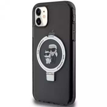 Husă rigidă Karl Lagerfeld KLHMN61HMRSKCK cu suport inelar pentru iPhone 11 / Xr 6.1, neagră, MagSafe Karl & Choupette