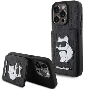 Karl Lagerfeld KLHCP15LSAKCNSCK iPhone 15 Pro 6,1 Negru Hardcase Saffiano cu compartimente pentru carduri și suport Monogram Choupette