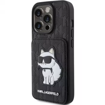 Karl Lagerfeld KLHCP15LSAKCNSCK iPhone 15 Pro 6,1 Negru Hardcase Saffiano cu compartimente pentru carduri și suport Monogram Choupette