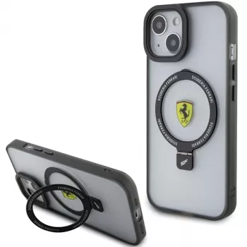 Husă rigidă transparentă fumurie cu inel Ferrari FEHMP15MUSCAK pentru iPhone 15 Plus / 14 Plus 6,7