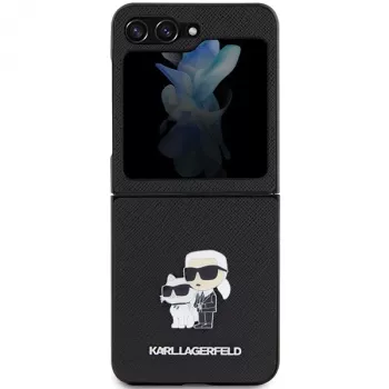 Husă rigidă Karl Lagerfeld Saffiano Karl & Choupette Pin pentru Samsung Galaxy Z Flip5, neagră