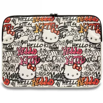 Husă Hello Kitty HKCSZPDGPTE 14 inch bej din PU cu fermoar și etichete graffiti