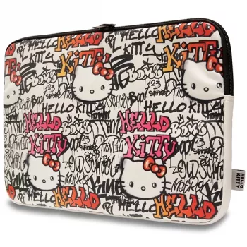 Husă Hello Kitty HKCSZPDGPTE 14 inch bej din PU cu fermoar și etichete graffiti
