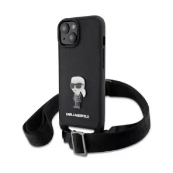Husă Karl Lagerfeld Saffiano Metal Ikonik pentru iPhone 15 neagră