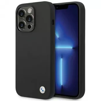 Husă din silicon BMW BMHCP15XSILBK pentru iPhone 15 Pro Max 6,7 inch neagră cu logo metalic