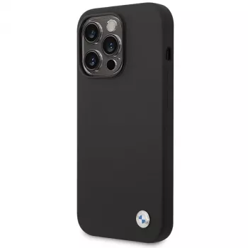 Husă din silicon BMW BMHCP15XSILBK pentru iPhone 15 Pro Max 6,7 inch neagră cu logo metalic