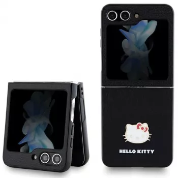 Husă rigidă Hello Kitty HKHCZF5PGHDLMK pentru Z Flip5 F731 neagră cu logo metalic cap Kitty