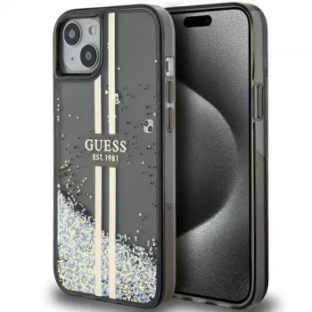 Husă rigidă Guess GUHCP15MLFCSEGK Liquid Glitter Gold Stripes pentru iPhone 15 Plus / 14 Plus 6,7 inch, neagră