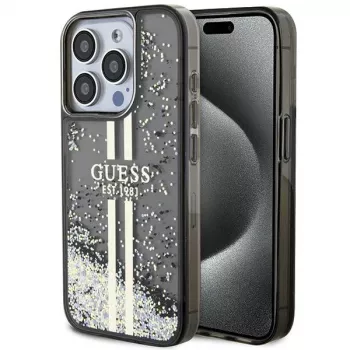 Husă rigidă Guess GUHCP15LLFCSEGK pentru iPhone 15 Pro 6.1 Liquid Glitter Gold Stripes negru