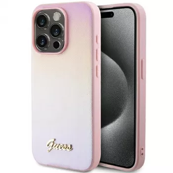 Husă rigidă Guess Saffiano Iridescent Script pentru Apple iPhone 14 Pro Max 6,7 inch, roz