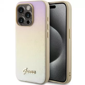 Guess GUHCP15XPSAIRSD Saffiano Iridescent Script Hard Case pentru iPhone 15 Pro Max, auriu
