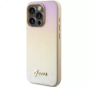 Guess GUHCP15XPSAIRSD Saffiano Iridescent Script Hard Case pentru iPhone 15 Pro Max, auriu