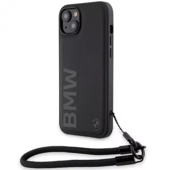 Husă rigidă BMW Signature Leather Wordmark Cord pentru iPhone 15 Plus / 14 Plus 6,7 inch, neagră