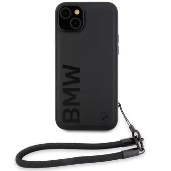 Husă rigidă BMW Signature Leather Wordmark Cord pentru iPhone 15 Plus / 14 Plus 6,7 inch, neagră