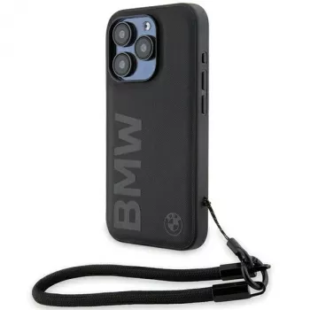 Husă rigidă BMW Signature Leather Wordmark Cord pentru iPhone 15 Pro 6,1 inch neagră