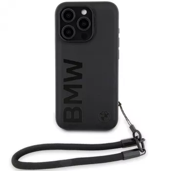 Husă rigidă BMW Signature Leather Wordmark Cord pentru iPhone 15 Pro 6,1 inch neagră